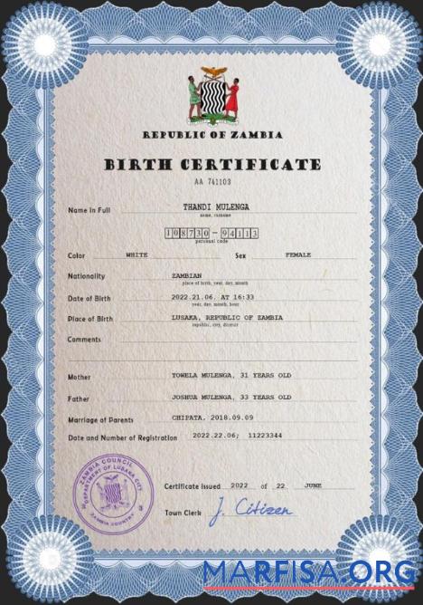 Downloadable Zambia vital record birth certificate PSD template